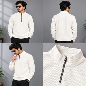 Premium White  Zipper Sweat T-Shirt – স্টাইল ও কমফোর্টের পারফেক্ট কম্বিনেশন!